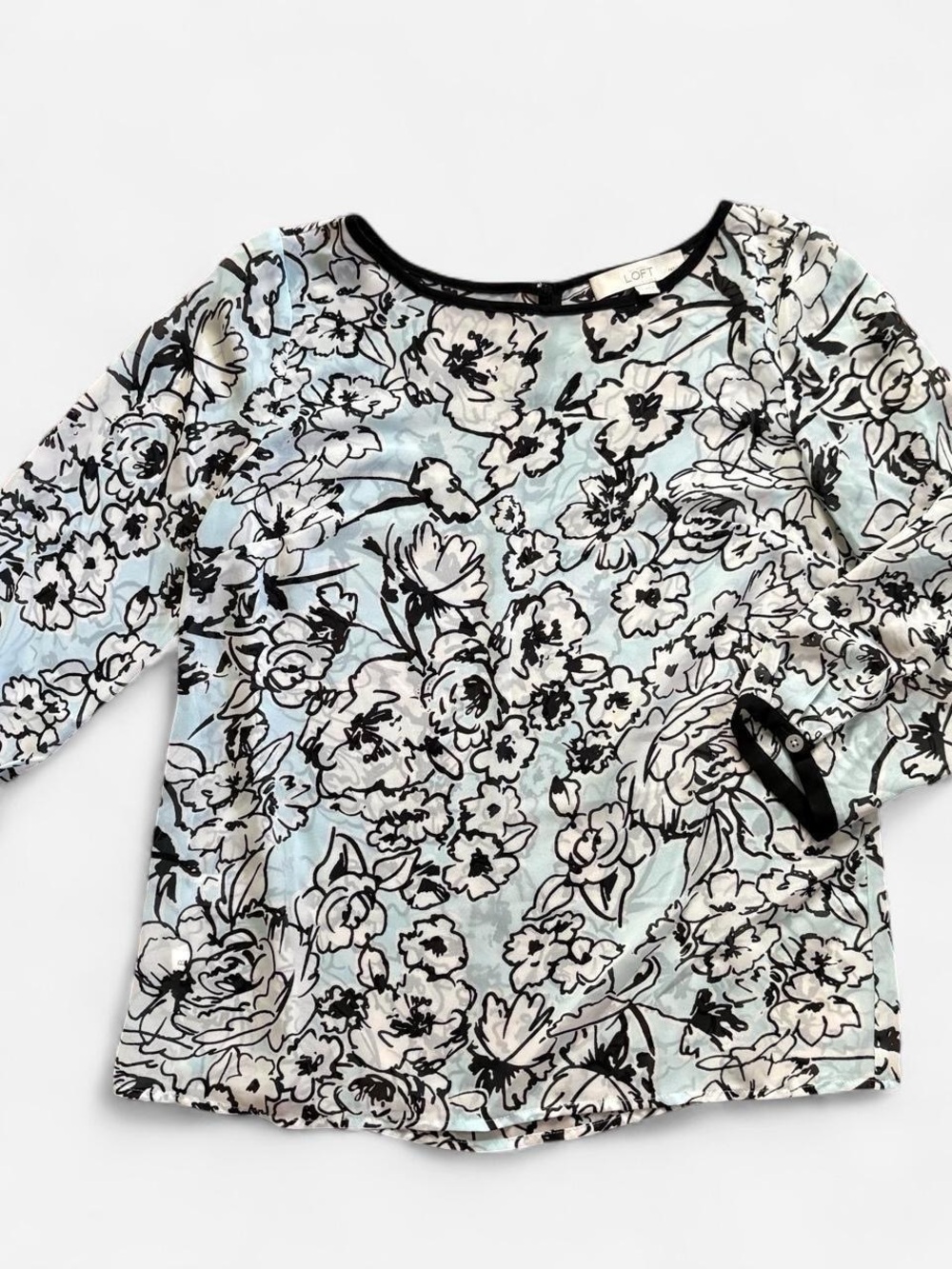 LOFT Floral Scoop Neck Long-Sleeve Top in Light Blue and Black